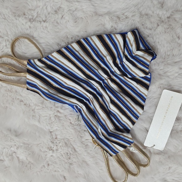 NWT Beach Bunny Out of Line Stripe Blue Gold Strappy Reversible Bikini Bottoms L - Picture 6 of 7